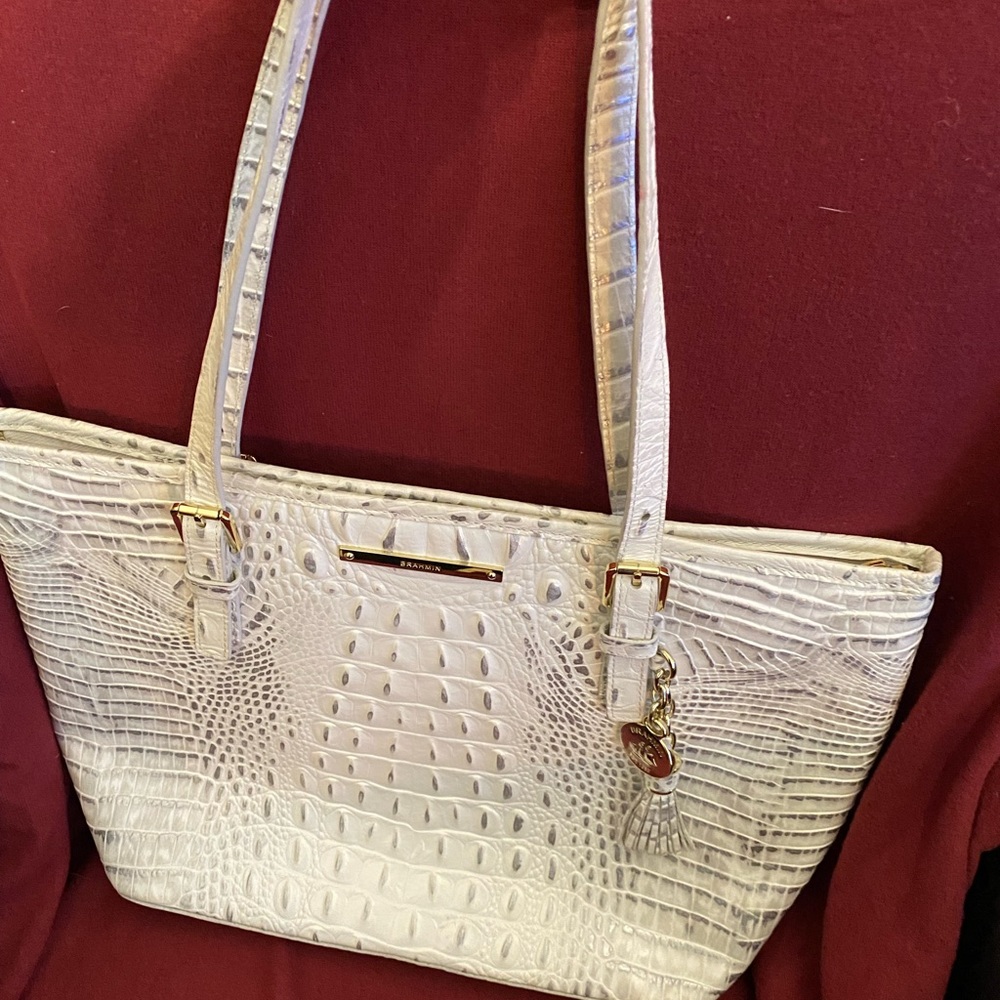 Brahmin medium Asher tote in white croc with grey tones